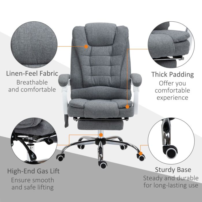 Vinsetto Heated 6 Points Vibration Massage Executive Office Chair, Adjustable Swivel Ergonomic High Back Desk Chair Recliner W/ Footrest, Grey