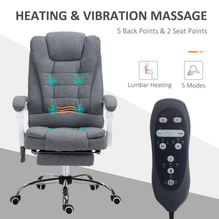 Vinsetto Heated 6 Points Vibration Massage Executive Office Chair, Adjustable Swivel Ergonomic High Back Desk Chair Recliner W/ Footrest, Grey