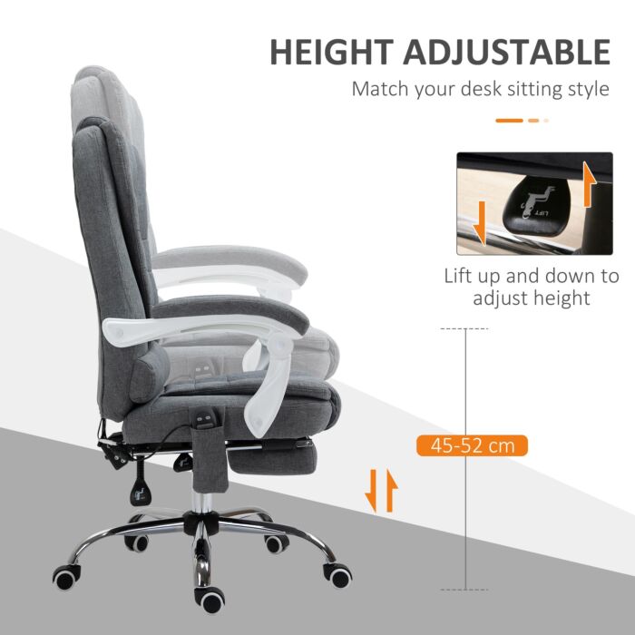 Vinsetto Heated 6 Points Vibration Massage Executive Office Chair, Adjustable Swivel Ergonomic High Back Desk Chair Recliner W/ Footrest, Grey