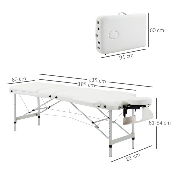 Homcom Folding Pvc Leather Massage Table Aluminium Frame W/ Headrest Armrests Padding Handle Carry Bag Adjustable Height 3-way Tri-fold White