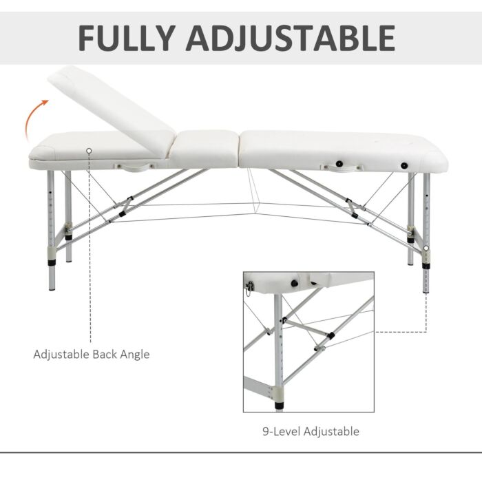 Homcom Folding Pvc Leather Massage Table Aluminium Frame W/ Headrest Armrests Padding Handle Carry Bag Adjustable Height 3-way Tri-fold White