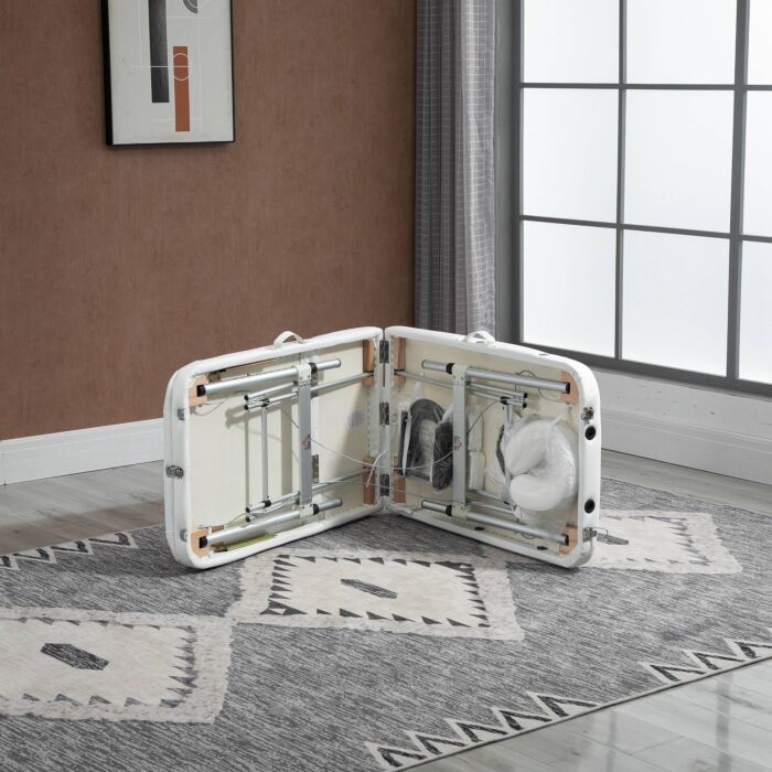 Homcom Folding Pvc Leather Massage Table Aluminium Frame W/ Headrest Armrests Padding Handle Carry Bag Adjustable Height 3-way Tri-fold White
