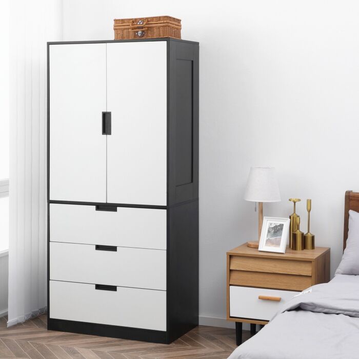 Homcom 2 Door Wardrobe, Modern Wardrobe With 3 Drawers And Hanging Rod, White
