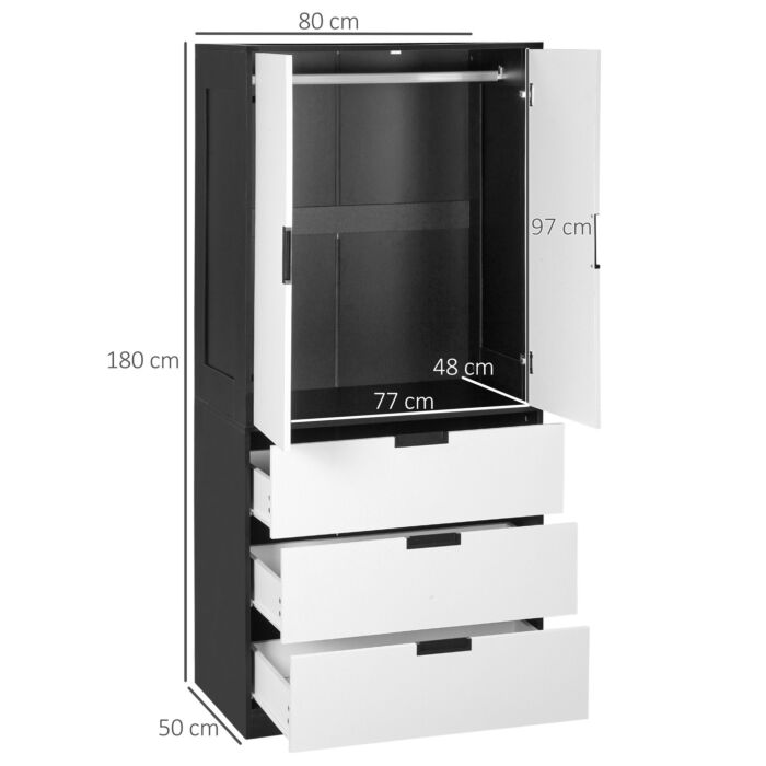 Homcom 2 Door Wardrobe, Modern Wardrobe With 3 Drawers And Hanging Rod, White