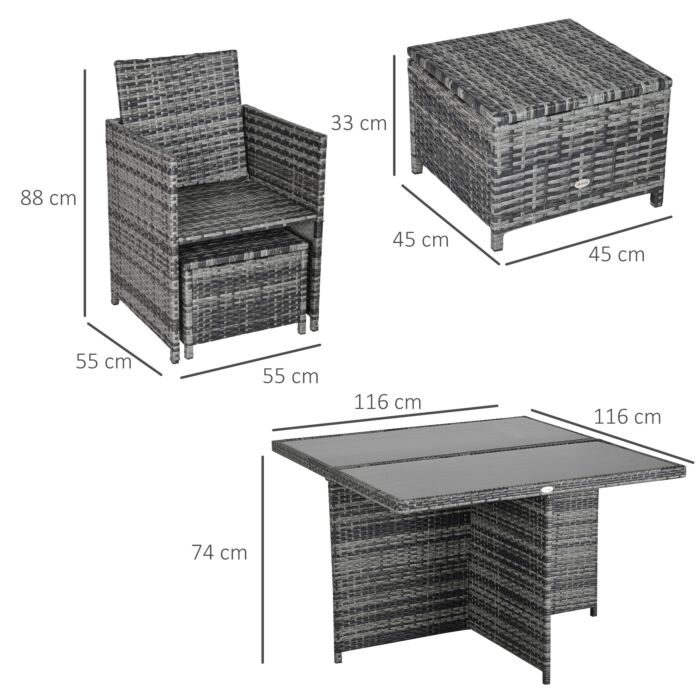 Outsunny 9pc Rattan Dining Set Garden Furniture 8-seater Wicker Outdoor Dining Set Chairs + Footrest + Table Thick Cushion - Grey