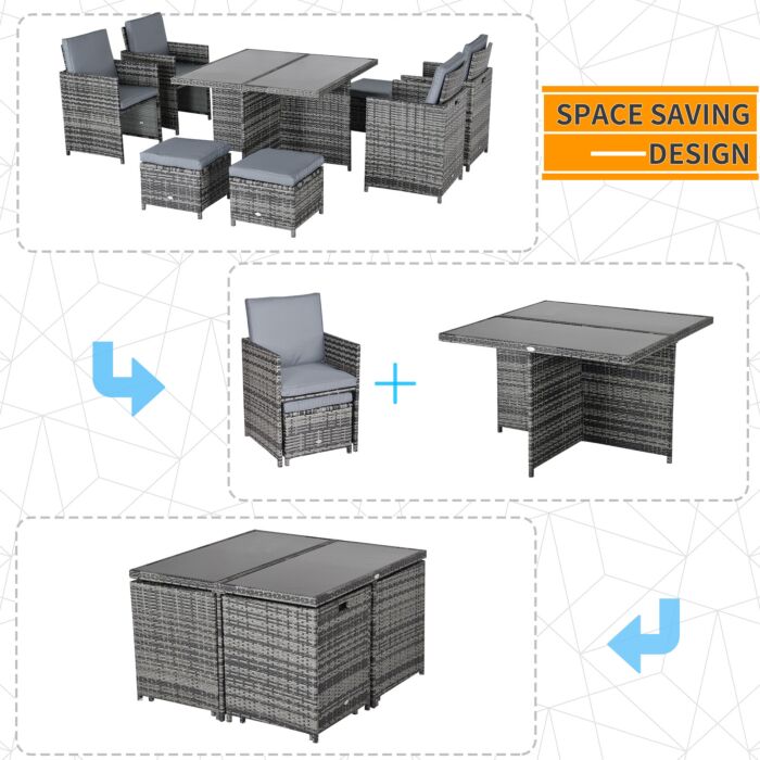 Outsunny 9pc Rattan Dining Set Garden Furniture 8-seater Wicker Outdoor Dining Set Chairs + Footrest + Table Thick Cushion - Grey