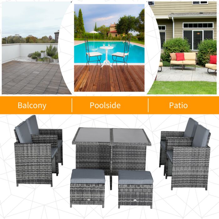 Outsunny 9pc Rattan Dining Set Garden Furniture 8-seater Wicker Outdoor Dining Set Chairs + Footrest + Table Thick Cushion - Grey