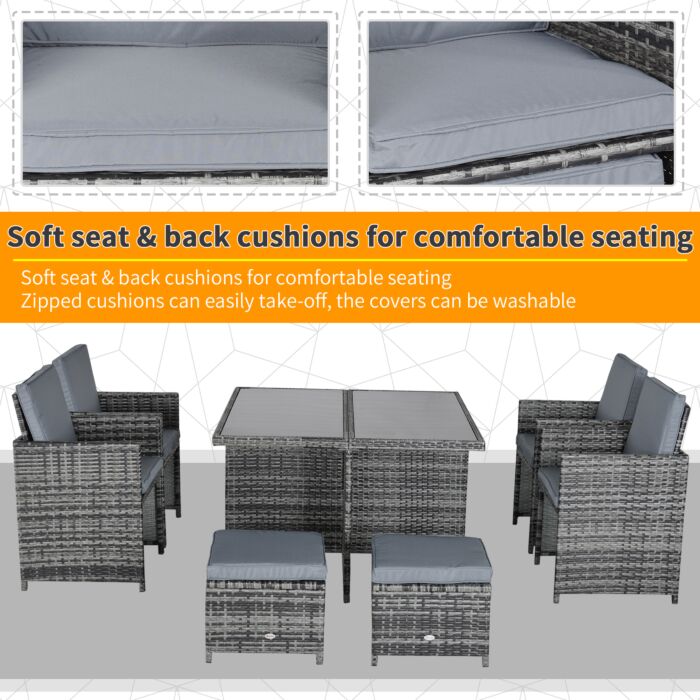 Outsunny 9pc Rattan Dining Set Garden Furniture 8-seater Wicker Outdoor Dining Set Chairs + Footrest + Table Thick Cushion - Grey