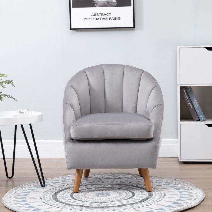 Homcom Accent Chair Velvet Fabric Single Sofa Armchair Home Living Room Solid Wood Leg Upholstered Side Armchair Grey