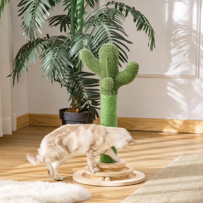 Pawhut Cat Tree Cactus-shaped Tower Kitten Furniture With Sisal Scratching Post Hanging Ball Funny Cat Ball Platform 32 X 32 X 60cm Green