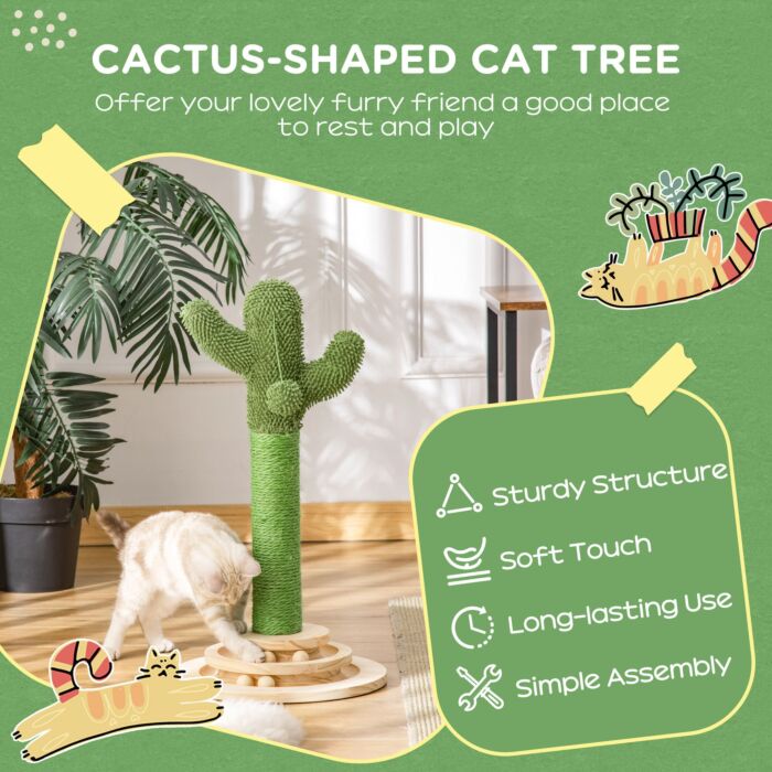 Pawhut Cat Tree Cactus-shaped Tower Kitten Furniture With Sisal Scratching Post Hanging Ball Funny Cat Ball Platform 32 X 32 X 60cm Green