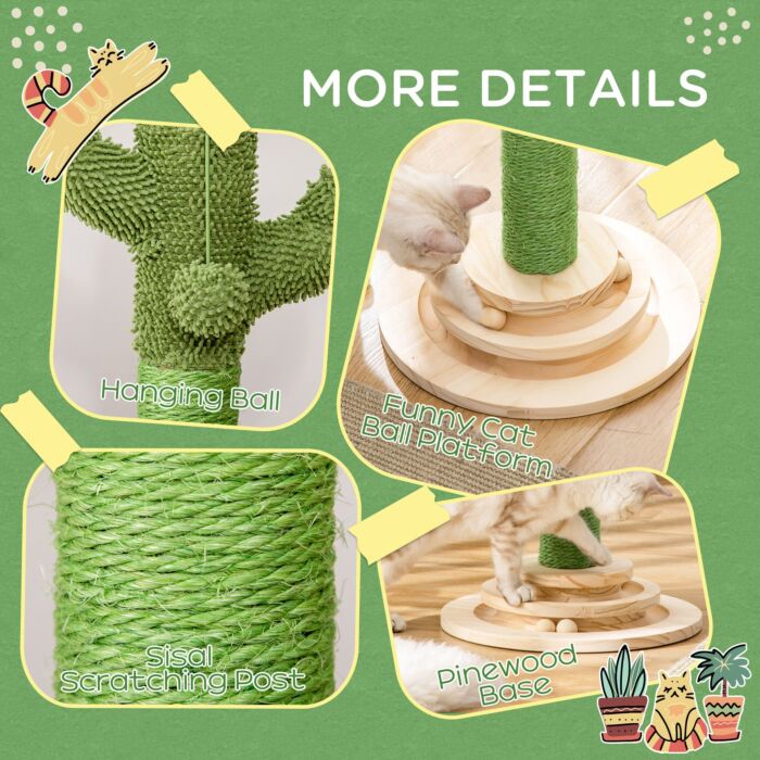 Pawhut Cat Tree Cactus-shaped Tower Kitten Furniture With Sisal Scratching Post Hanging Ball Funny Cat Ball Platform 32 X 32 X 60cm Green