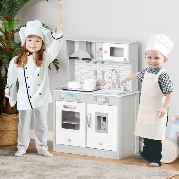 Homcom Kids Kitchen Play Cooking Toy Set, Educational Pretend Role Playset Game W/ Sound & Light Effect, Battery Operated Cooktop, Ice Machine