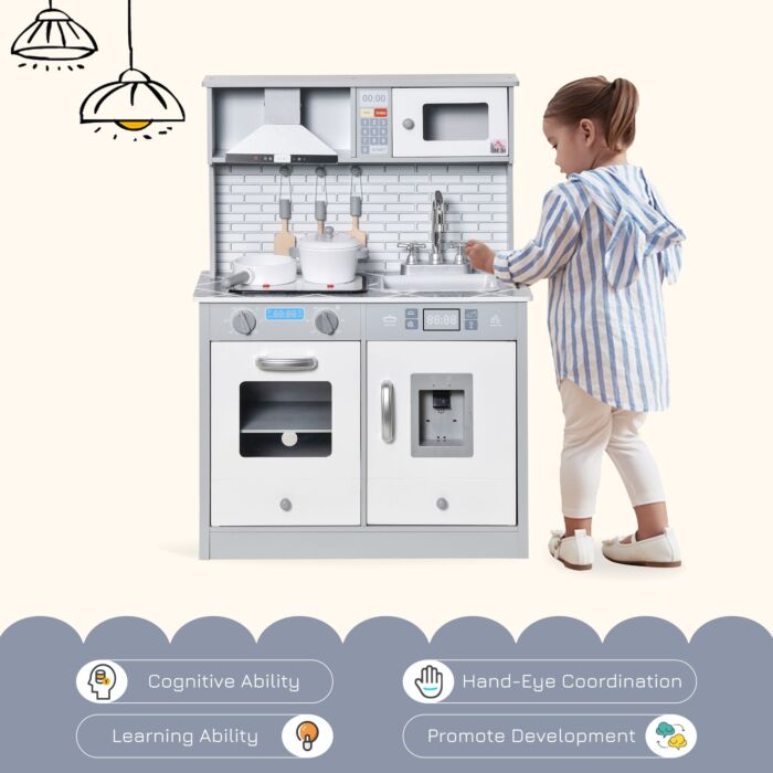 Homcom Kids Kitchen Play Cooking Toy Set, Educational Pretend Role Playset Game W/ Sound & Light Effect, Battery Operated Cooktop, Ice Machine