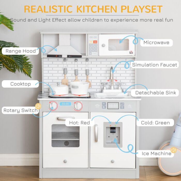 Homcom Kids Kitchen Play Cooking Toy Set, Educational Pretend Role Playset Game W/ Sound & Light Effect, Battery Operated Cooktop, Ice Machine