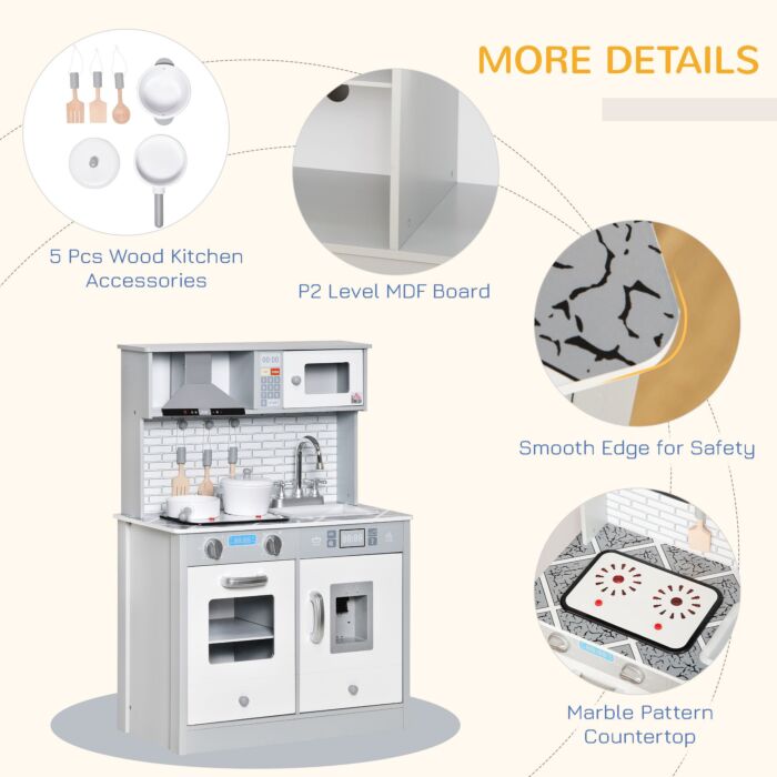 Homcom Kids Kitchen Play Cooking Toy Set, Educational Pretend Role Playset Game W/ Sound & Light Effect, Battery Operated Cooktop, Ice Machine