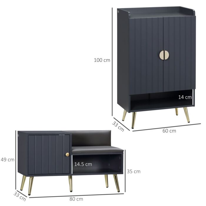 Homcom Entryway Furniture Set For 19 Pairs Of Shoes, Hallway Shoe Cabinet With Adjustable Shelves, Shoe Storage Bench With Steel Legs, Grey