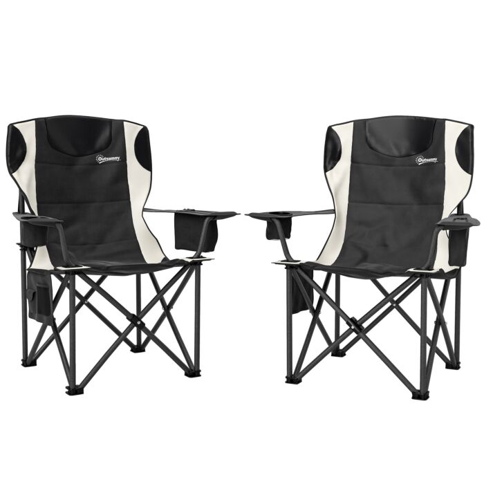 Outsunny Set Of 2 Folding Camping Chairs, Padded Camping Chairs With Adjustable Armrests, Portable & Lightweight Folding Camp Chair With Cooler Bag, Cup Holder And Side Pockets, Black