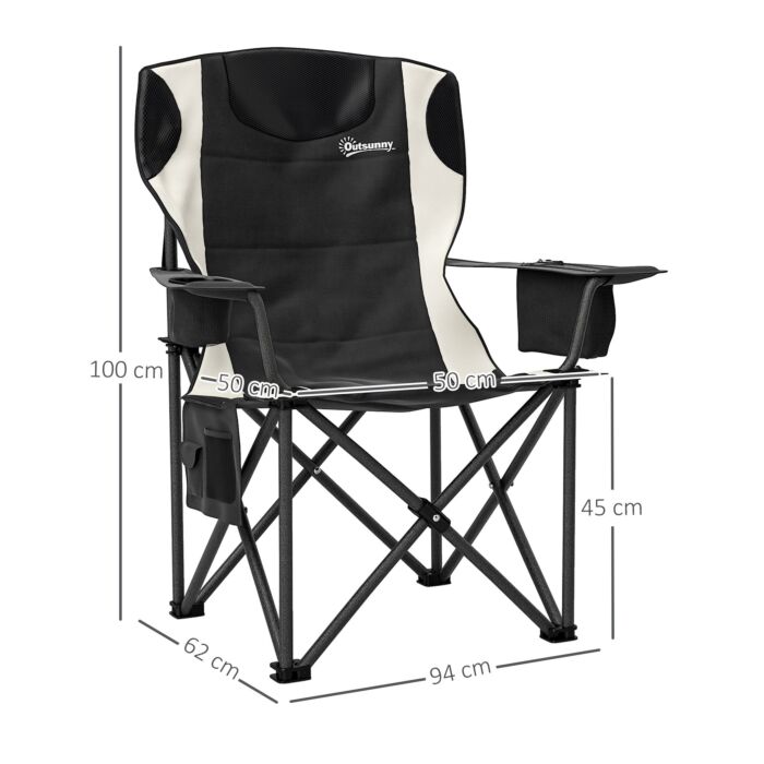 Outsunny Set Of 2 Folding Camping Chairs, Padded Camping Chairs With Adjustable Armrests, Portable & Lightweight Folding Camp Chair With Cooler Bag, Cup Holder And Side Pockets, Black