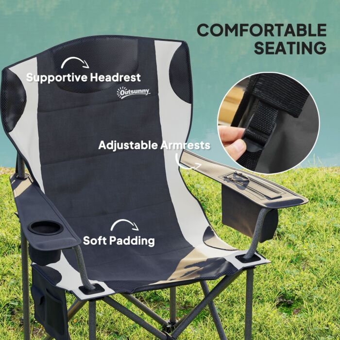 Outsunny Set Of 2 Folding Camping Chairs, Padded Camping Chairs With Adjustable Armrests, Portable & Lightweight Folding Camp Chair With Cooler Bag, Cup Holder And Side Pockets, Black
