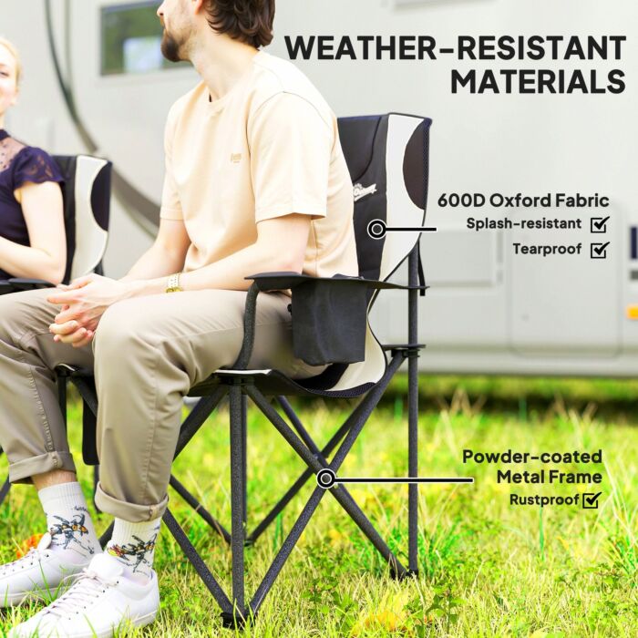 Outsunny Set Of 2 Folding Camping Chairs, Padded Camping Chairs With Adjustable Armrests, Portable & Lightweight Folding Camp Chair With Cooler Bag, Cup Holder And Side Pockets, Black