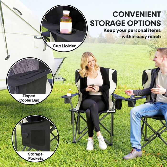 Outsunny Set Of 2 Folding Camping Chairs, Padded Camping Chairs With Adjustable Armrests, Portable & Lightweight Folding Camp Chair With Cooler Bag, Cup Holder And Side Pockets, Black