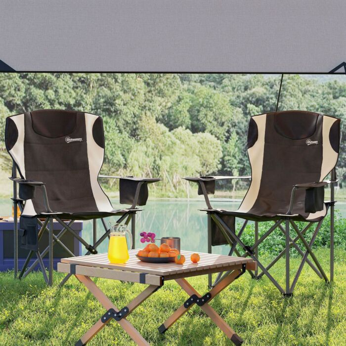 Outsunny Set Of 2 Folding Camping Chairs, Padded Camping Chairs With Adjustable Armrests, Portable & Lightweight Folding Camp Chair With Cooler Bag, Cup Holder And Side Pockets, Black
