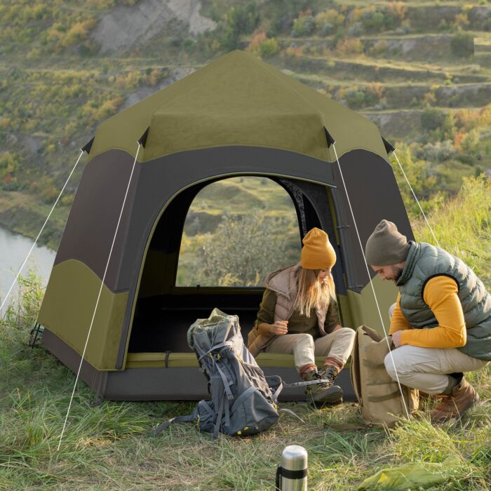 Outsunny Six Man Hexagon Camping Tent With Hang Hook And Carry Bag - Dark Green And Light Grey