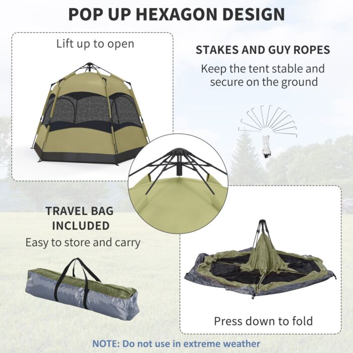 Outsunny Six Man Hexagon Camping Tent With Hang Hook And Carry Bag - Dark Green And Light Grey