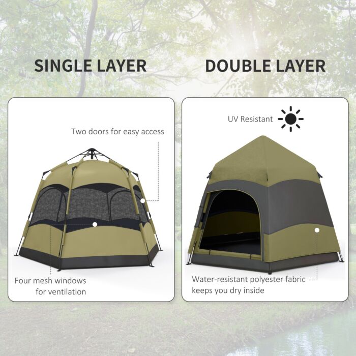 Outsunny Six Man Hexagon Camping Tent With Hang Hook And Carry Bag - Dark Green And Light Grey