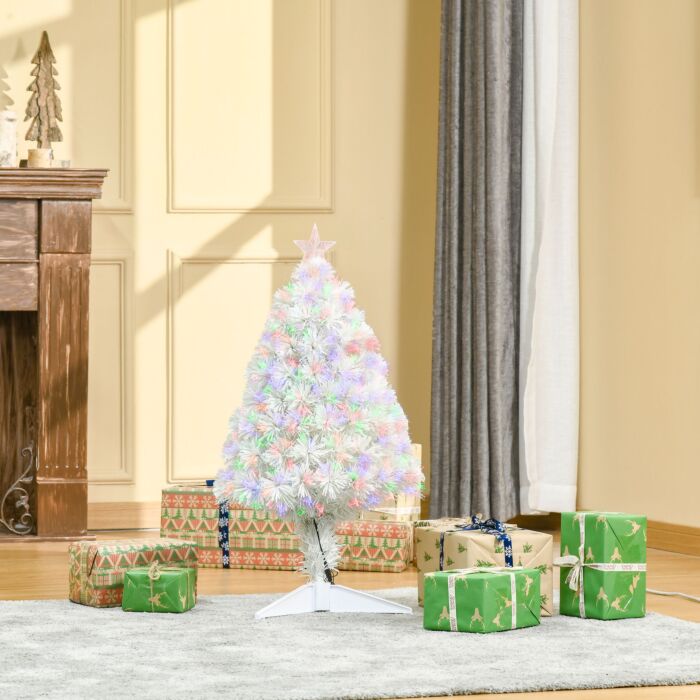 Homcom 2.5ft Prelit Artificial Tabletop Christmas Tree With Fibre Optics Holiday Home Xmas Decoration For Table And Desk, White