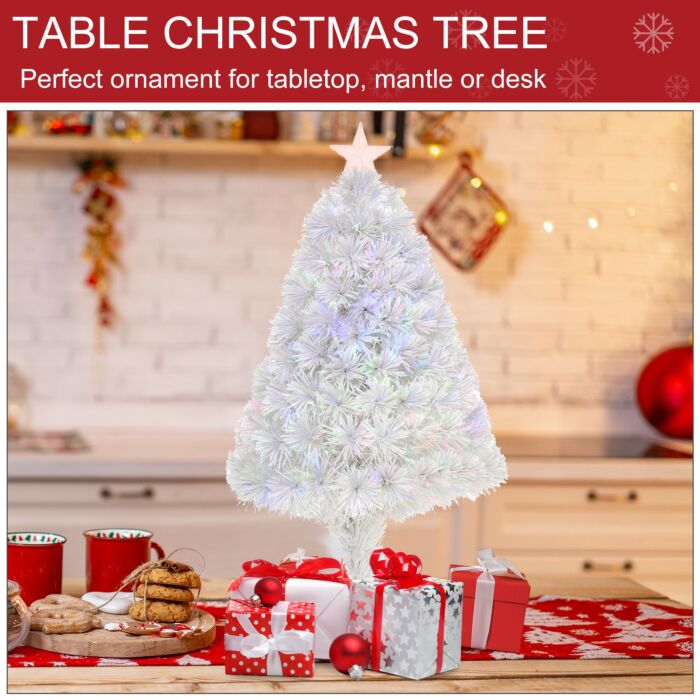 Homcom 2.5ft Prelit Artificial Tabletop Christmas Tree With Fibre Optics Holiday Home Xmas Decoration For Table And Desk, White