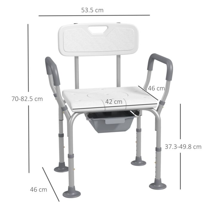 Homcom Height Adjustable Shower Stool With Arms And Back, Non-slip Bedside Commode With Detachable Bucket, White