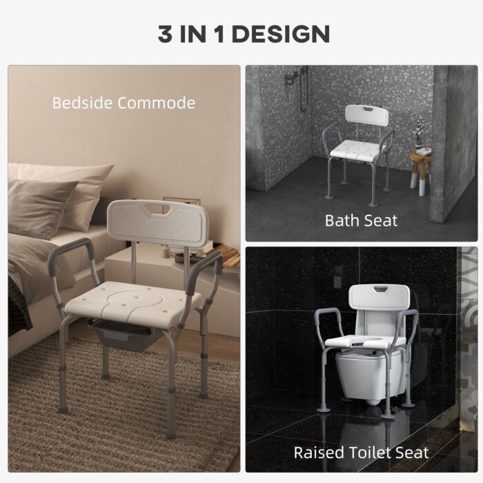 Homcom Height Adjustable Shower Stool With Arms And Back, Non-slip Bedside Commode With Detachable Bucket, White