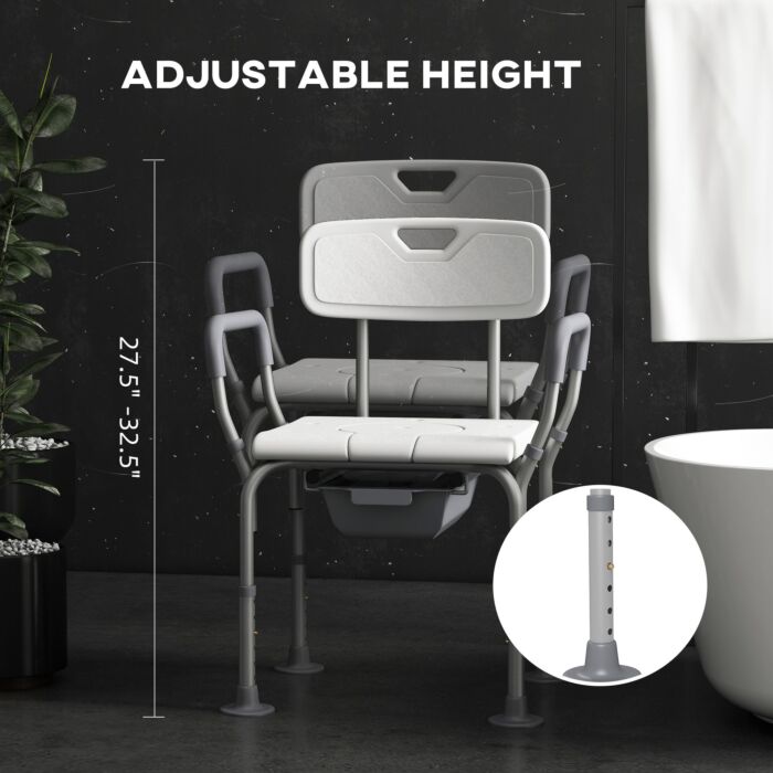 Homcom Height Adjustable Shower Stool With Arms And Back, Non-slip Bedside Commode With Detachable Bucket, White