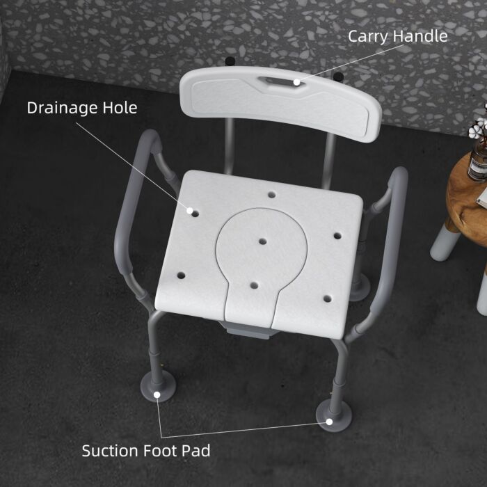 Homcom Height Adjustable Shower Stool With Arms And Back, Non-slip Bedside Commode With Detachable Bucket, White