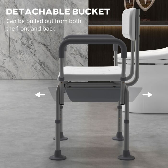 Homcom Height Adjustable Shower Stool With Arms And Back, Non-slip Bedside Commode With Detachable Bucket, White