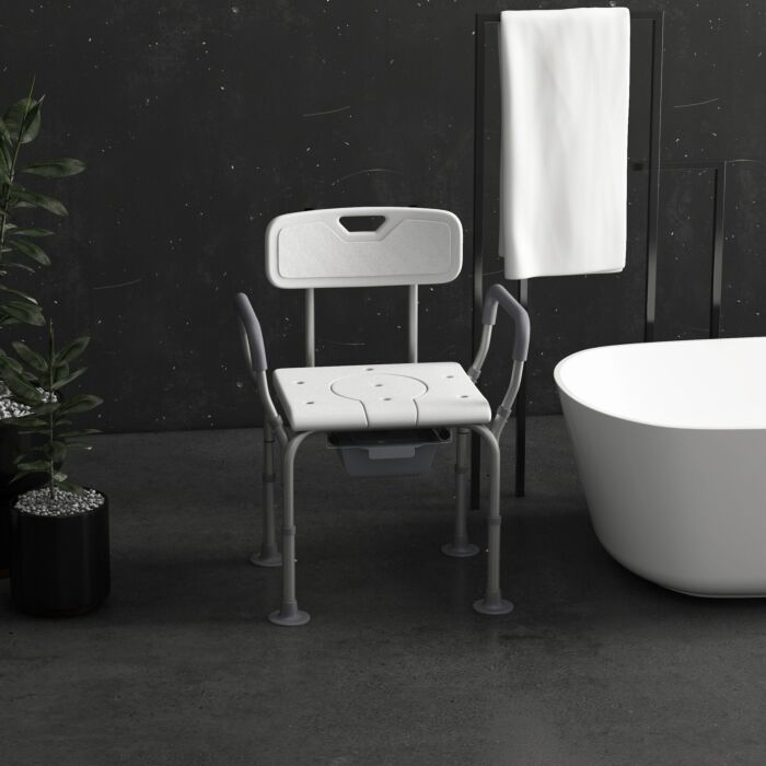 Homcom Height Adjustable Shower Stool With Arms And Back, Non-slip Bedside Commode With Detachable Bucket, White