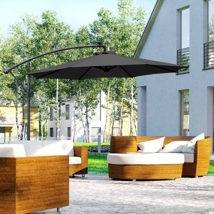 Outsunny 3(m) Led Banana Parasol Garden Cantilever Umbrella With Solar Lights, Crank Handle And Cross Base, Hanging Sun Shade, Black