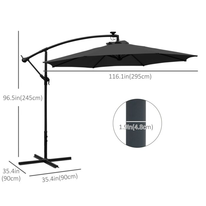 Outsunny 3(m) Led Banana Parasol Garden Cantilever Umbrella With Solar Lights, Crank Handle And Cross Base, Hanging Sun Shade, Black