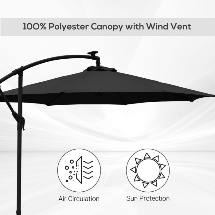 Outsunny 3(m) Led Banana Parasol Garden Cantilever Umbrella With Solar Lights, Crank Handle And Cross Base, Hanging Sun Shade, Black