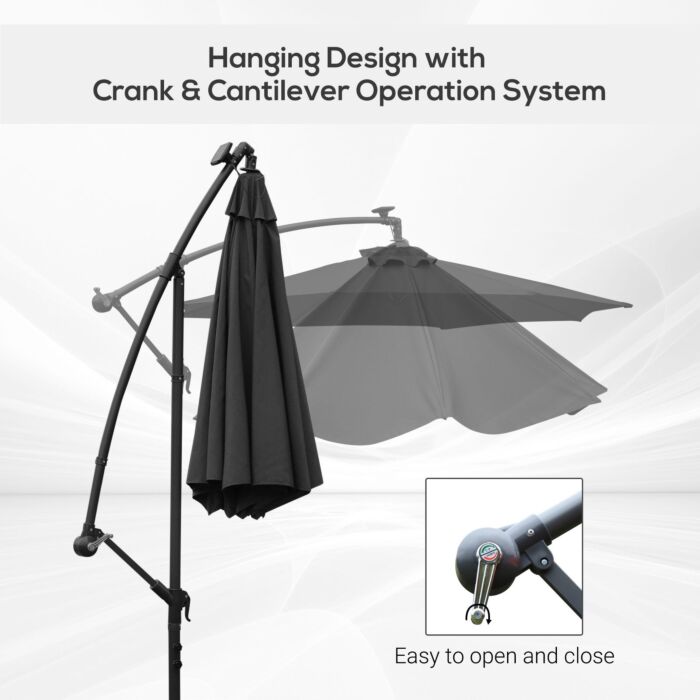 Outsunny 3(m) Led Banana Parasol Garden Cantilever Umbrella With Solar Lights, Crank Handle And Cross Base, Hanging Sun Shade, Black