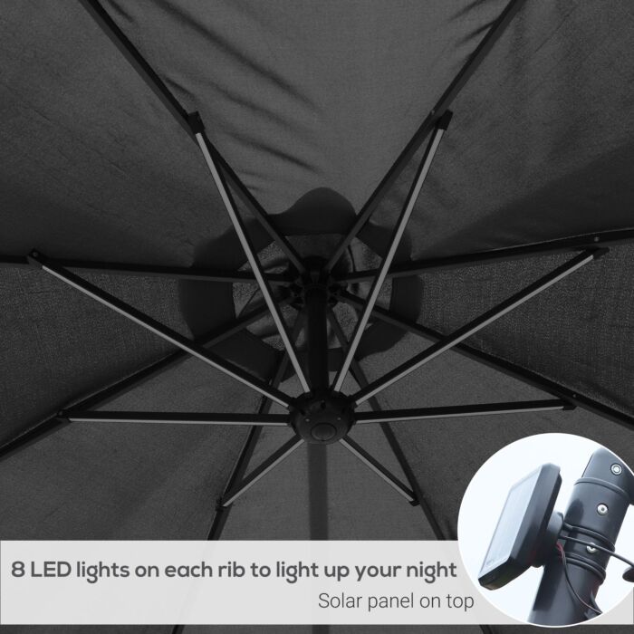 Outsunny 3(m) Led Banana Parasol Garden Cantilever Umbrella With Solar Lights, Crank Handle And Cross Base, Hanging Sun Shade, Black