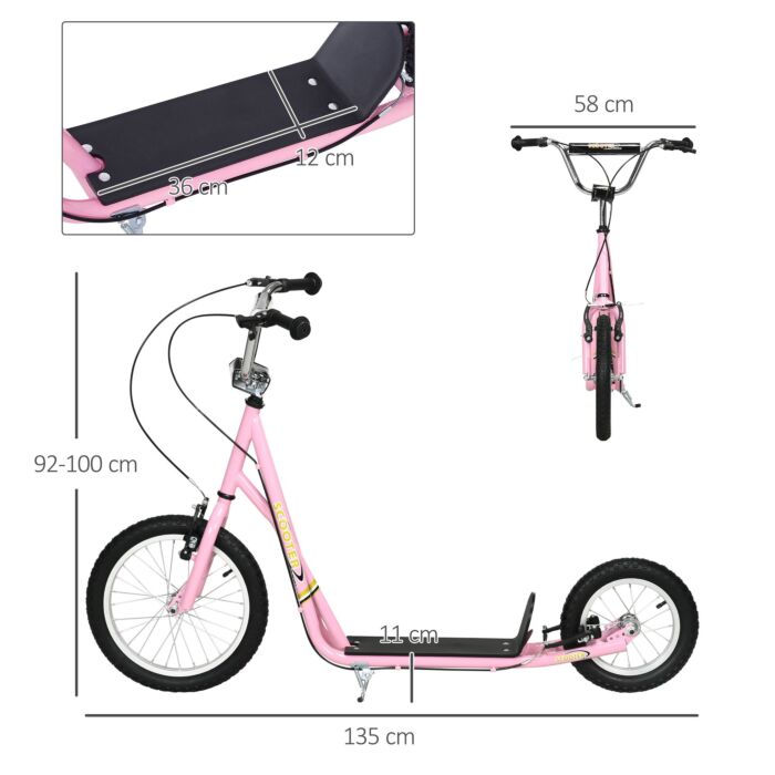 Homcom Teen Scooter Push Kick Scooters For Kids With Rubber Wheels Adjustable Handlebar Front Rear Dual Brakes Kickstand, For 5+ Years, Pink