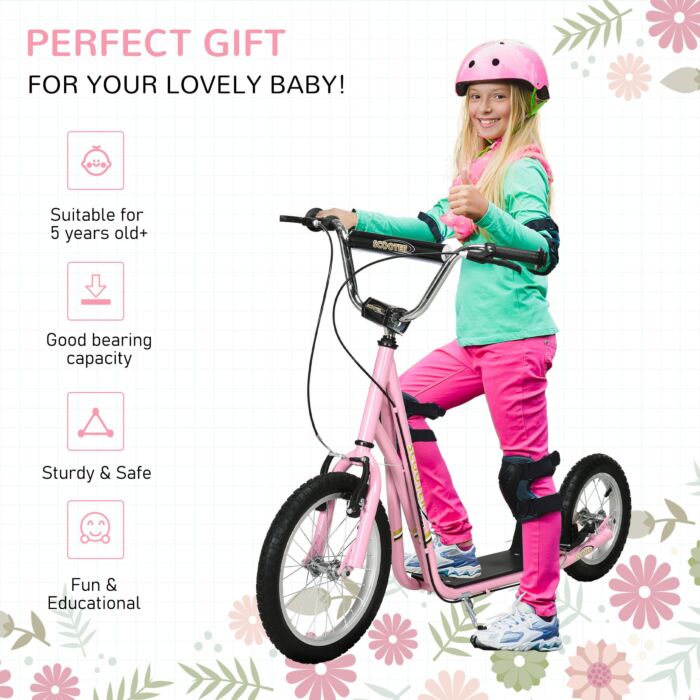 Homcom Teen Scooter Push Kick Scooters For Kids With Rubber Wheels Adjustable Handlebar Front Rear Dual Brakes Kickstand, For 5+ Years, Pink