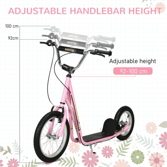 Homcom Teen Scooter Push Kick Scooters For Kids With Rubber Wheels Adjustable Handlebar Front Rear Dual Brakes Kickstand, For 5+ Years, Pink