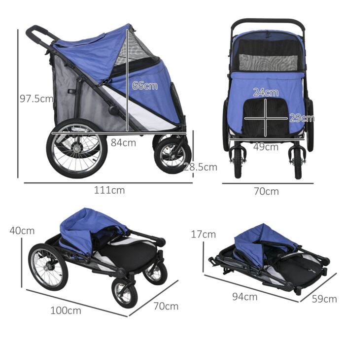 Pawhut Foldable Pet Stroller With Washable Cushion, Storage Bags, Safety Leash For Medium And Large Dogs Cats Travel, Blue