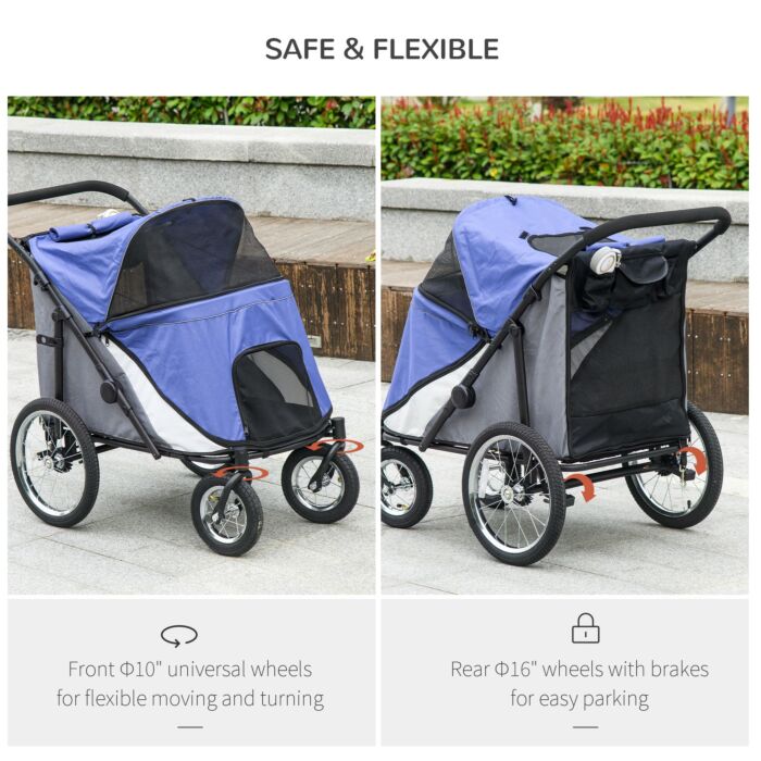 Pawhut Foldable Pet Stroller With Washable Cushion, Storage Bags, Safety Leash For Medium And Large Dogs Cats Travel, Blue