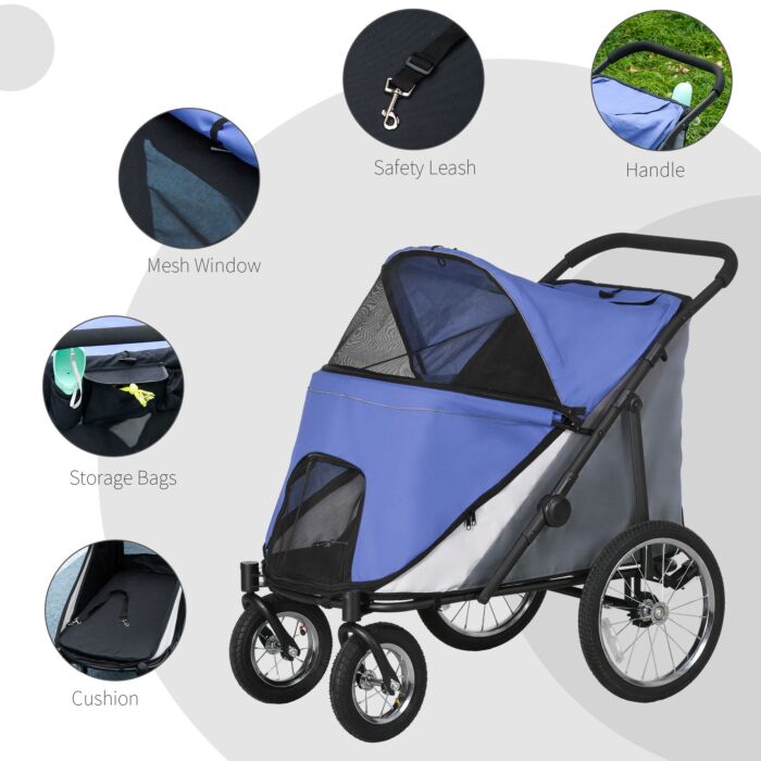 Pawhut Foldable Pet Stroller With Washable Cushion, Storage Bags, Safety Leash For Medium And Large Dogs Cats Travel, Blue