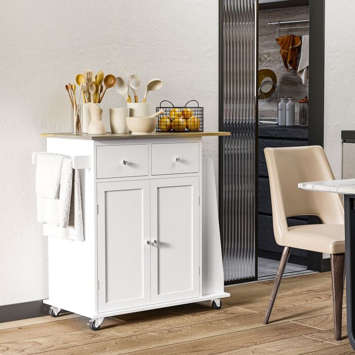 Homcom Kitchen Island Storage Cabinet Rolling Trolley With Rubber Wood Top, 3-tier Spice Rack, Large Cabinet & Drawers